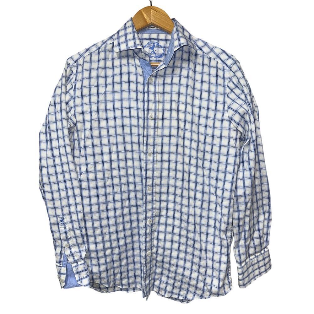 Bugatchi Men’s Button Up Shirt Shaped Fit Blue White Check Cotton XS-S Modern